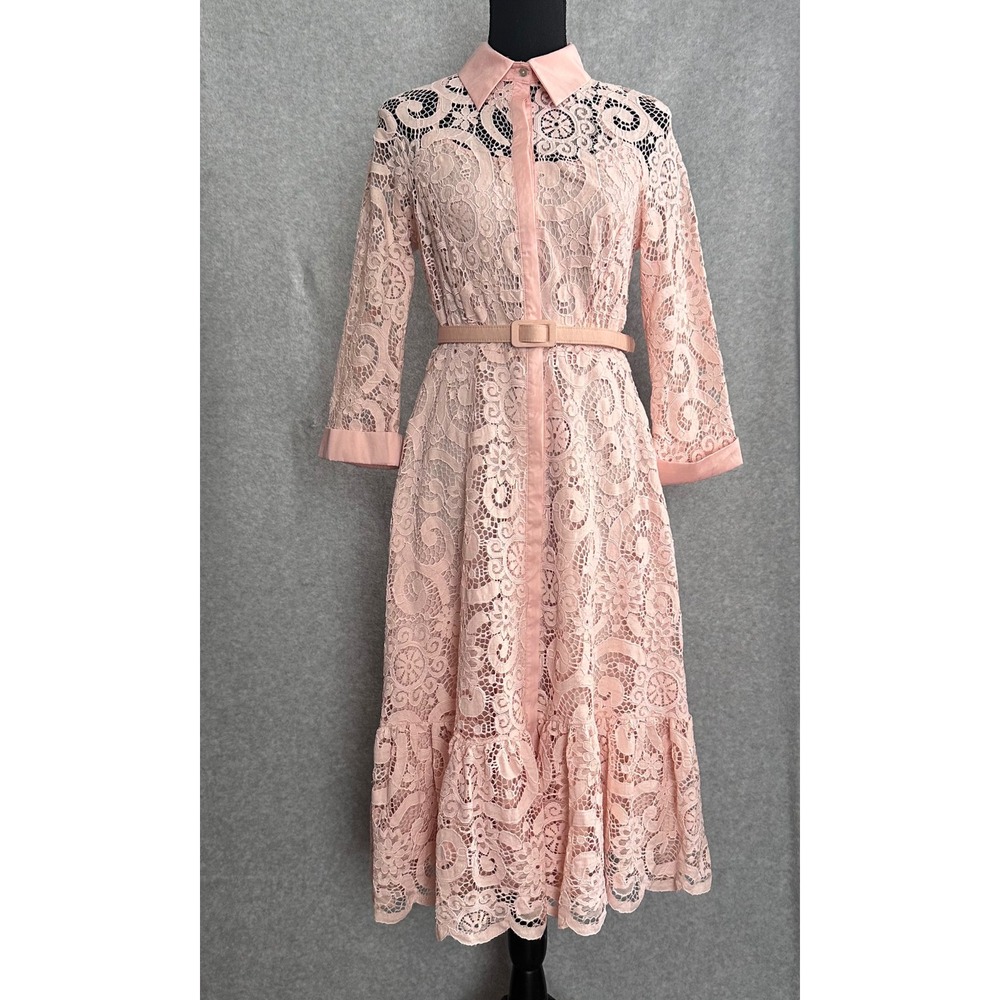 Nanette Lepore Peachy Pink Floral Lace Belted Dress Size 4 Ruffle Hem Elegant